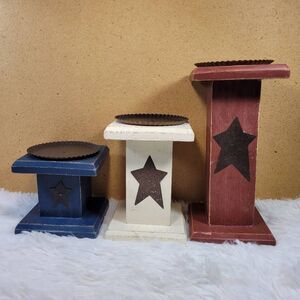 Lot Of 3 Handmade Star Wooden Candle Pillars Pedestals Holder Home Decor